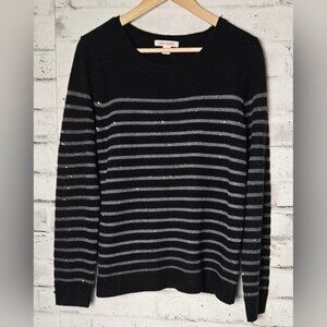 Joe Fresh Black & Grey Striped Crekneck Sweater with Scattered Sequin throughout